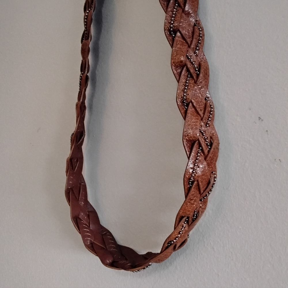 4/$20➡️ LA EXPRESS Cognac Brown Faux Leather Bead Trim Braided Belt – Size Large - Picture 9 of 11